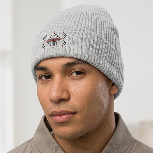 Embroidered Geometric Cuff Beanie — Minimal Boho Knit Hat