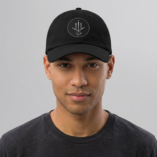 Minimalist Geometric Leather Patch Dad Hat — Modern Arrow Emblem